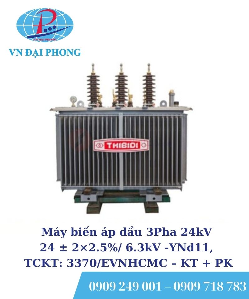 Máy biến áp dầu 3 Pha THIBIDI 24kV 24 ± 2×2.5% / 6.3kV -YNd11, TCKT: 3370/EVNHCMC – KT + PK