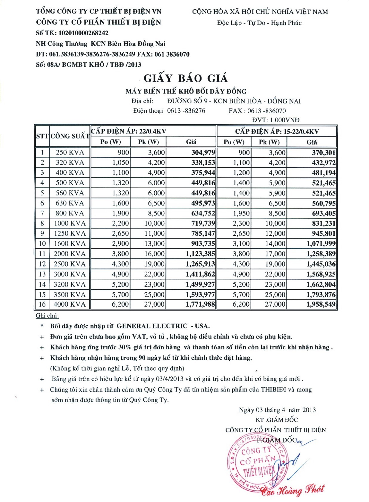 bao gia may bien ap kho