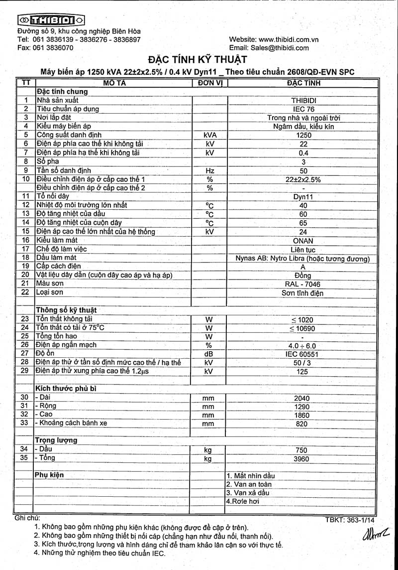 thong so ky thuat may bien ap thibidi 3pha 1250kva